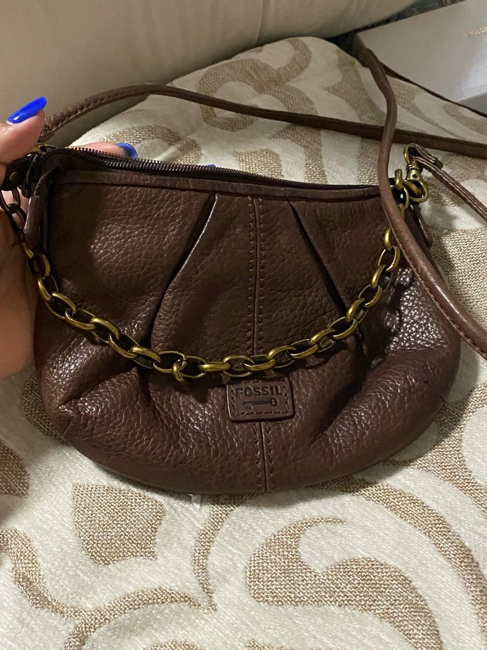 Fossil Dark Brown Leather Crossbody with Brass Chain